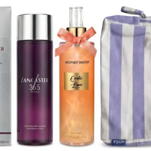 PACK 3x1 VERANO: LANCASTER 365 CONCENTRE LOTION JEUNESSE 200 ML REGULAR + WOMAN SECRET BODY MIST EXOTIC LOVE 250 ML TESTER # (CAJA GENERICA) + BOLSA NECESER NIVEA